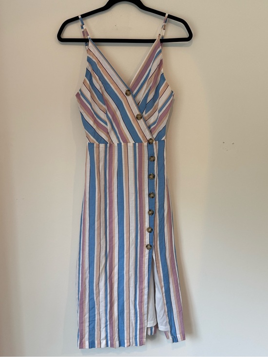 Fashion On Earth Dresses & Skirts - Striped V-Neck Midi Sundress in Blue, White & Pink